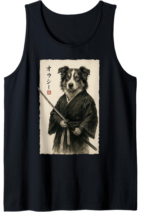 Australian Shepherd Samurai Warrior Japanese Ukiyo-E Style Tank Top Size S-3XL