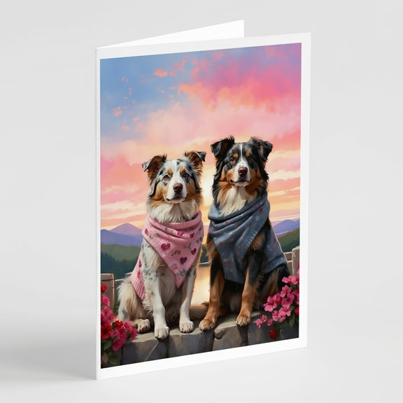 Australian Shepherd Two Hearts Greeting Cards Pack of 8 7 in x 5 in