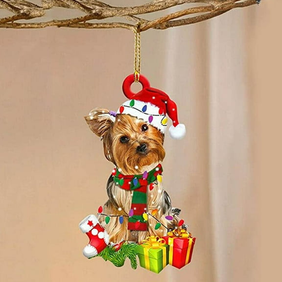 Australian Shepherd Wearing Red Reindeer Hat with String Light 2D Flat Car Rear View Mirror Accessories Christmas Tree Ornament Decoration Hanging Charm Interior Rearview Pendant Decor Gift