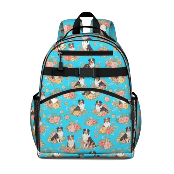Australian Shepherd and Floral Cute School Backpack Bag for School with Padded Back and Adjustable Shoulder Straps 15.25"x11.5"x5.25"