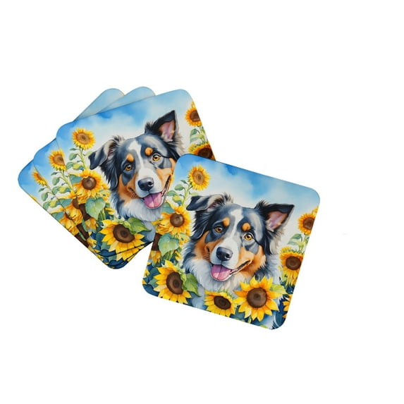 Australian Shepherd in Sunflowers Foam Coasters 3.5 in x 3.5 in