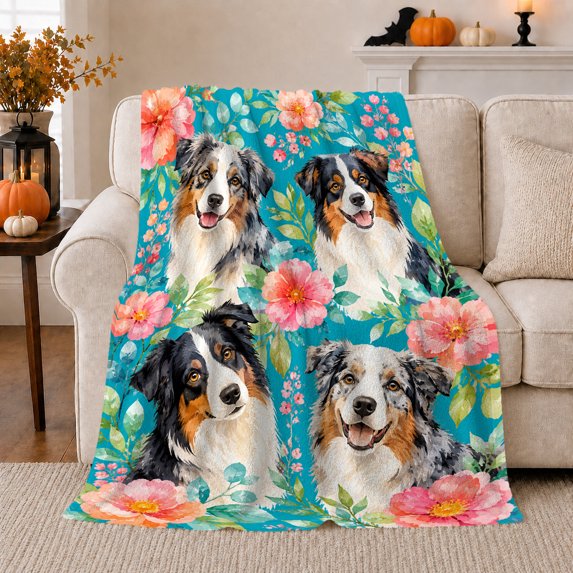 Australian Shepherds with Hibiscus on Teal, Cheerful Tropical Style for Dog Lovers, Bright Floral Pet Portrait and Birthday Gift, Cozy Flannel Blanket for Family Room and Bedroom, Home Decor