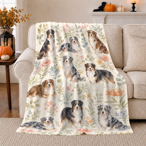 Australian Shepherds with Soft Leaf Pattern, Calm Botanical Style for Dog Lovers, Cream Pet Portrait Motif and Birthday Gift, Cozy Flannel Blanket for Bedroom and Guest Room, Home Decor
