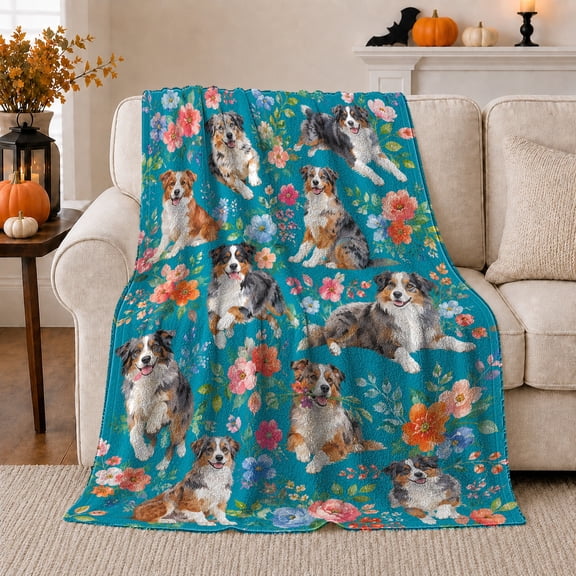 Australian Shepherds with Teal Flowers, Cheerful Botanical Style for Dog Lovers, Bright Pet Garden Pattern and Birthday Gift, Cozy Flannel Blanket for Playroom and Bedroom, Home Decor