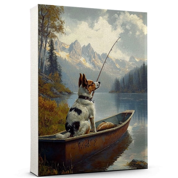 Australian Stumpy Tail Cattle Vintage Dog Fishing Canvas – Artistic Sports, Australian Stumpy Tail Cattle Dog with Fishing Canvas Wall Print for Bedroom, Living Room, Office