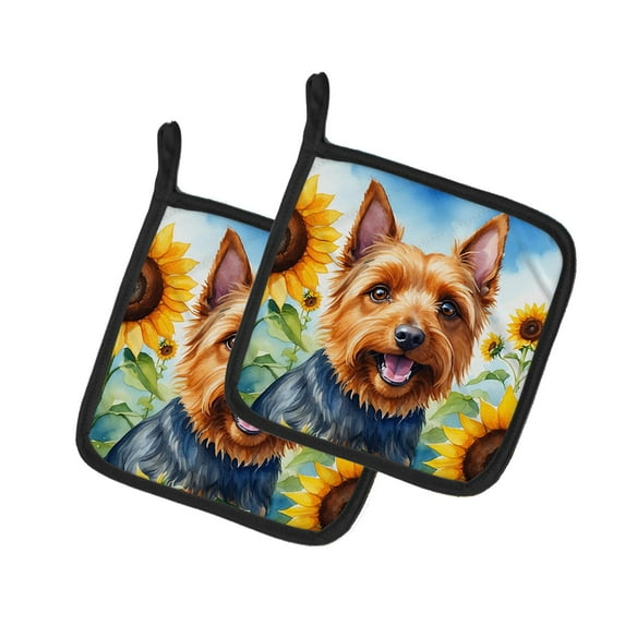 Australian Terrier in Sunflowers Pair of Pot Holders 7.5 in x 7.5 in