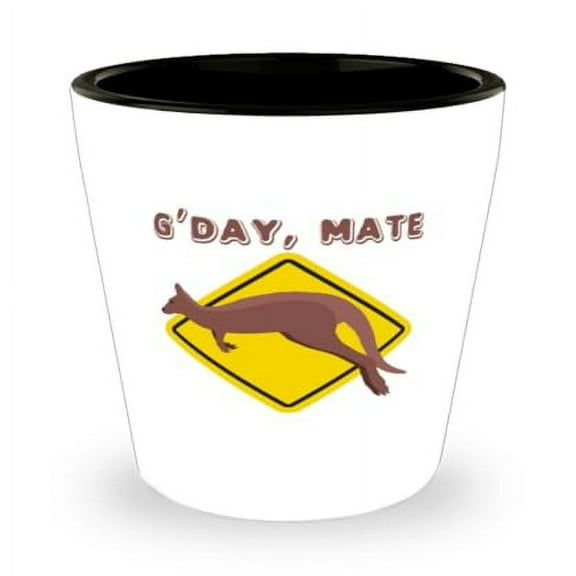Australian-Themed Shot Glass, 'G'day Mate' & Kangaroo Design, Unique Mini Glassware Gift, 1.5oz White Cup for Collectors and Party Enthusiasts