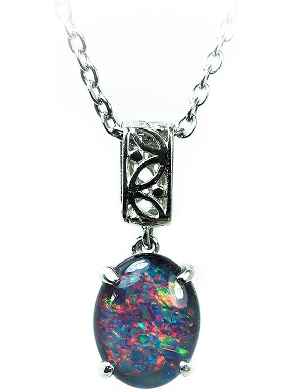 Australian Triplet Opal Necklace - 14x10mm FireOpal - Genuine Triplets Opal Necklace Pendant in Sterling Silver White Gold Plated Women's Jewelry