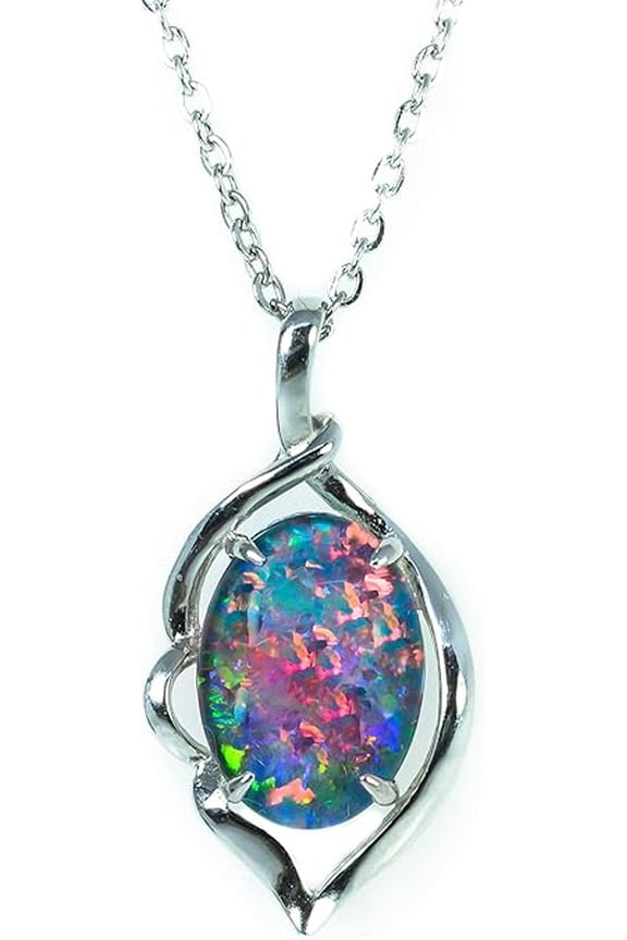 Australian Triplet Opal Necklace - 14x10mm FireOpal - Genuine Triplets Opal Necklace Pendant in Sterling Silver White Gold Plated Women's Jewelry