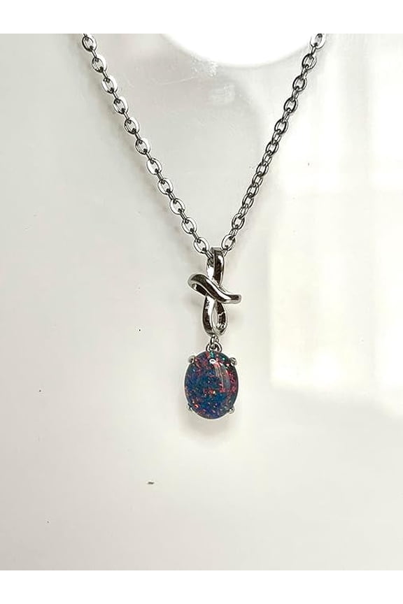 Australian Triplet Opal Necklace - 14x10mm FireOpal - Genuine Triplets Opal Necklace Pendant in Sterling Silver White Gold Plated Women's Jewelry