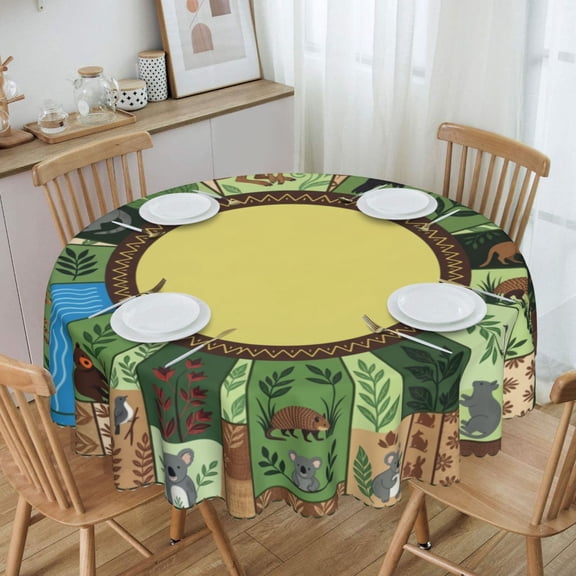 Australian Wildlife Patchwork Wheel Round Tablecloth Waterproof Oil Proof Spill Proof Table Cloth 70" for Camping, Dining, Indoor and Outdoor Table Cover