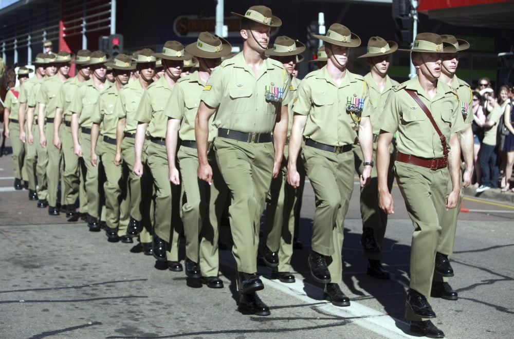 Australian soldiers march in an Anzac Day parade Canvas Art - Stocktrek Images (35 x 23)