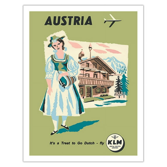 Austria - Austrian Woman in Dirndl Dress - KLM Royal Dutch Airlines - Vintage Airline Travel Poster c.1959 - Fine Art Matte Paper Print (Unframed) 20x26in