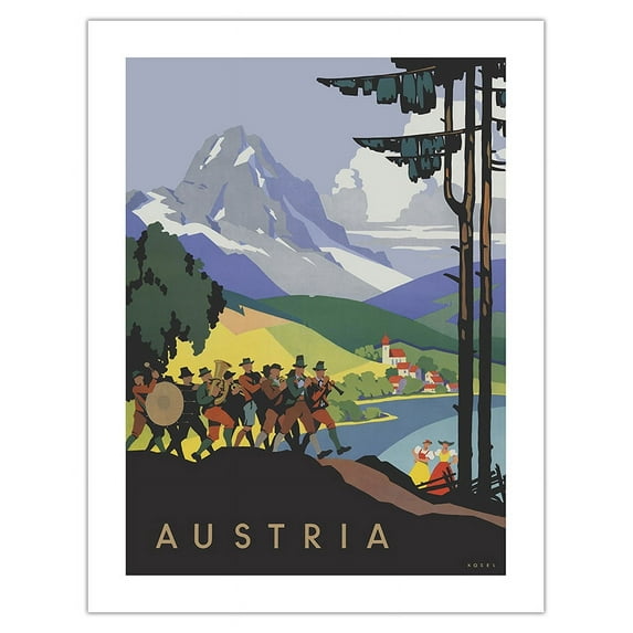Austria - Brass Band by Lake Wolfgang Salzkammergut - Vintage Travel Poster by Hermann Kosel c.1930 - Bamboo Fine Art 290gsm Paper (Unframed) 17x22in