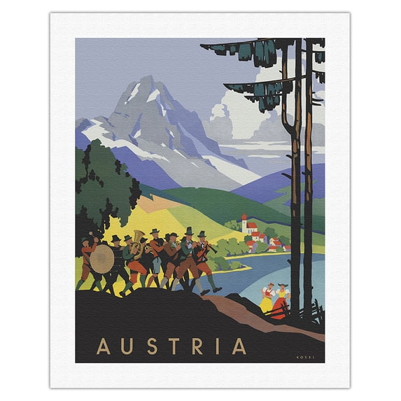 Austria - Brass Band by Lake Wolfgang Salzkammergut - Vintage Travel Poster by Hermann Kosel c.1930 - Fine Art Rolled Canvas Print 20in x 26in