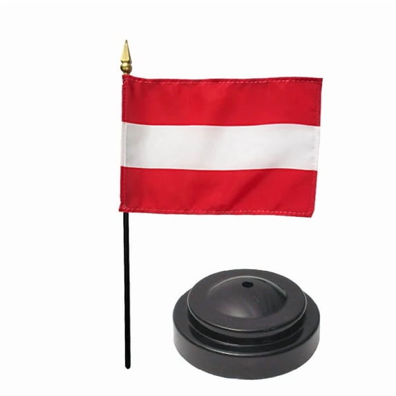 Austria Desk Flag with Base; American Made Rayon 4x6 inch Miniature Table Set Includes One Small Mini Country Stick Flags and One Black Stand (Austria Desk Flag and Base)