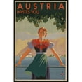 thumbnail image 1 of Austria Invites You 1934 Travel Poster Shows Young Woman In Front Of Stylized Village And Mountains., 1 of 2