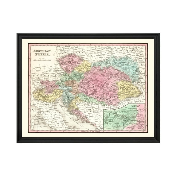 Austria Map, 1836 Vintage Map of Austria History Wall Decor Gift, Old Austria Map - 24" x 18" Black Framed Print