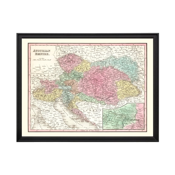 Austria Map, 1836 Vintage Map of Austria History Wall Decor Gift, Old Austria Map - 24" x 18" Black Framed Print