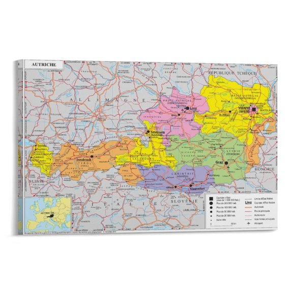 Austria Map Poster Wall Art Poster Scroll Canvas Painting Picture Living Room Decor Home 08x12inch(20x30cm)