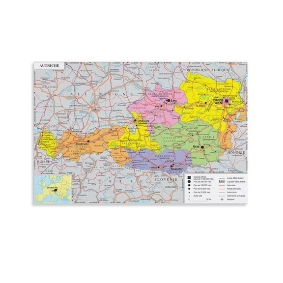 Austria Map Posters Canvas Poster Wall Art Picture Prints Hanging Photo Gift Decor Home Posters Artworks 08x12inch(20x30cm)
