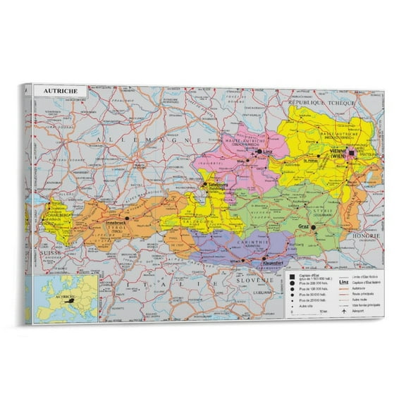 Austria Map Posters Wall Art Poster Scroll Canvas Painting Picture Living Room Decor Home 20x30inch(50x75cm)