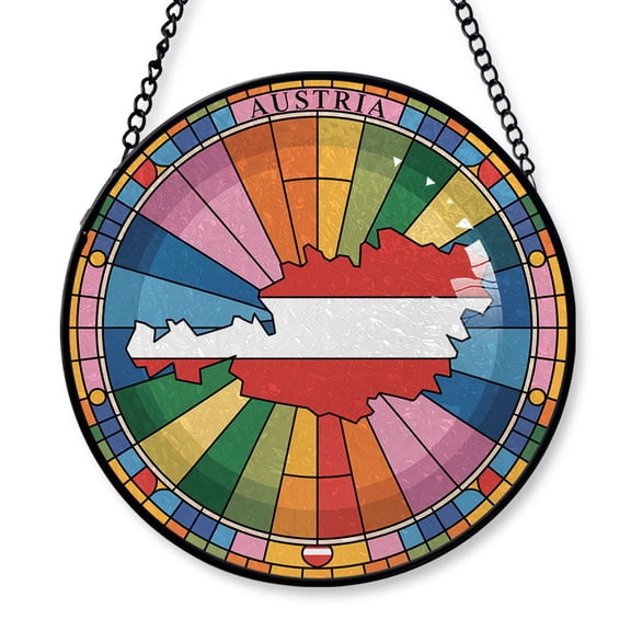 Austria Travel Decor Suncatcher Stained Glass Window Hanging, Gift for Traveller, Collection of Country Travel Souvenirs for Family and Friends, Austria Map and Flag Décor