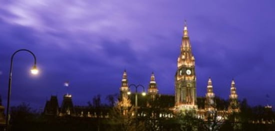 Austria Vienna Rathaus night Canvas Art - Panoramic Images (24 x 12)