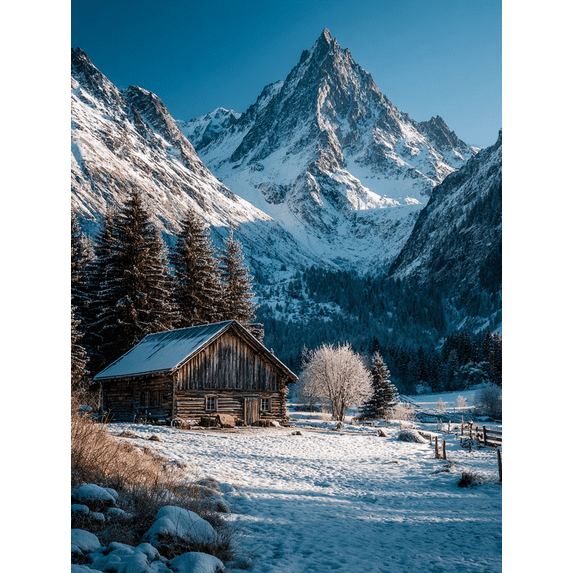 Austrian Alps Winter Log Cabin Canvas Print, Snow Wonderland Seasonal Home Wall Decor Art