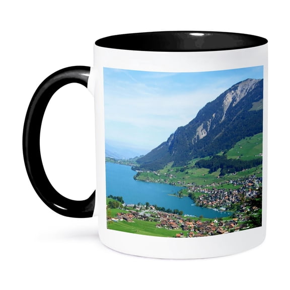 3dRose, Austrian blue lake - Austria countryside landscape photography - green hills mountains mountainside, 11oz Two-Tone Black Mug