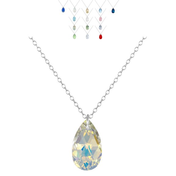 Austrian Crystal 16mm Teardrop Sterling Silver Necklace – 16 Inch -Aurora Borealis (AB)