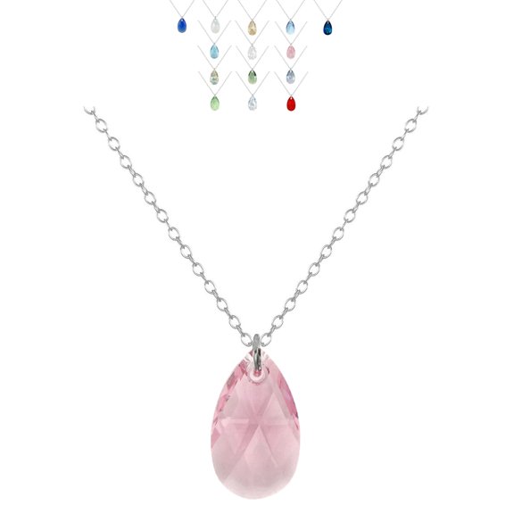 Austrian Crystal 16mm Teardrop Sterling Silver Necklace – 18 Inch -Pink