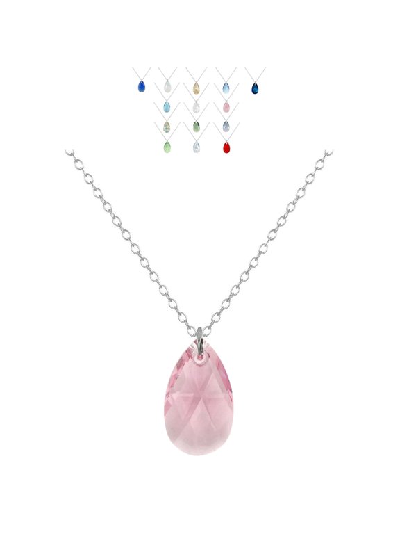 Austrian Crystal 16mm Teardrop Sterling Silver Necklace – 20 Inch -Pink