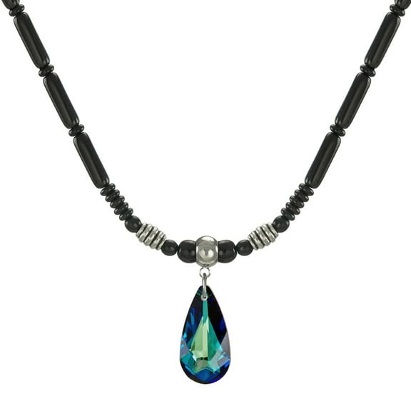 Austrian Crystal Teardrop Black Glass Beaded Necklace - Bermuda Blue