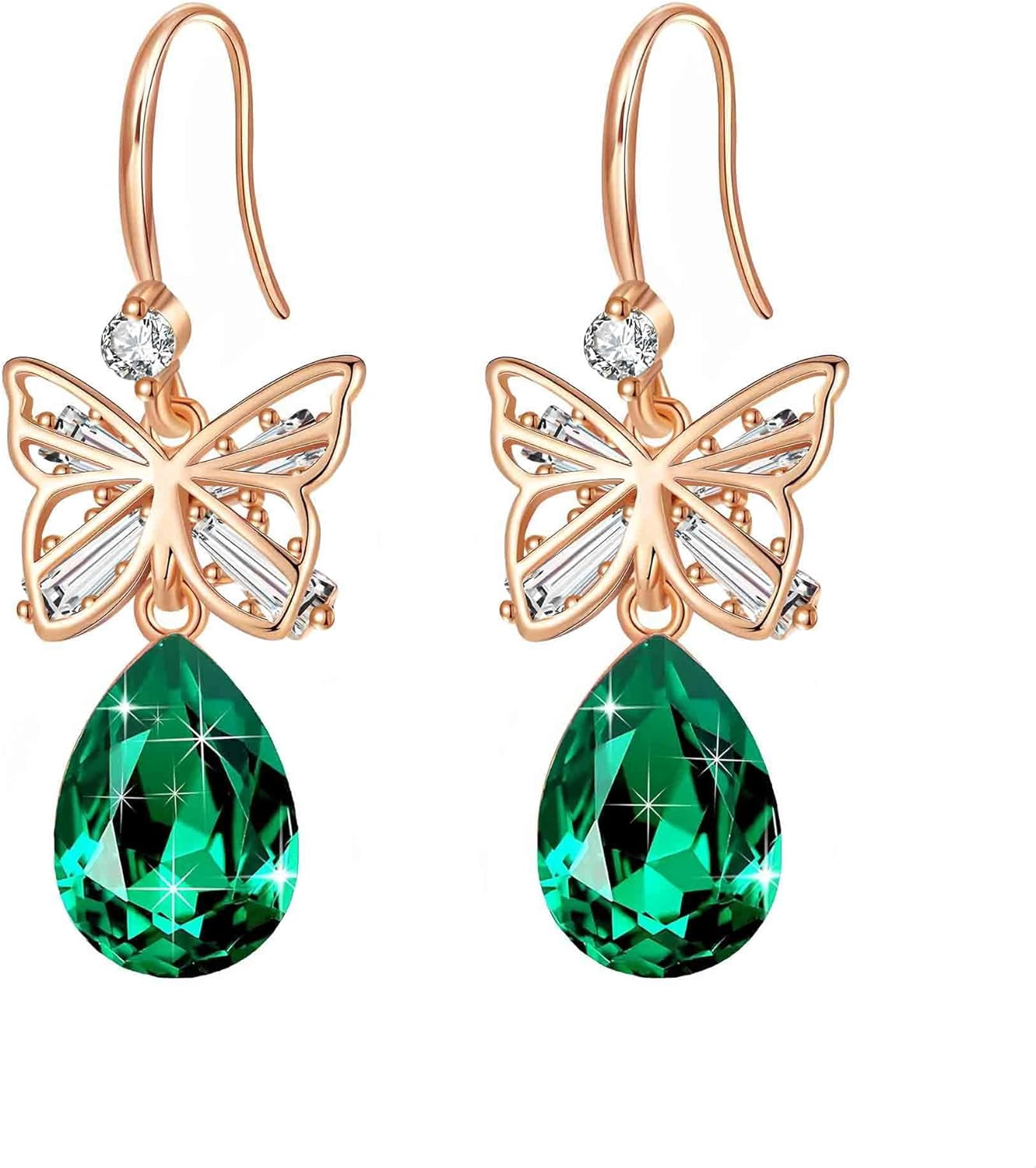 Austrian Crystal Teardrop Butterfly Drop Dangle Earrings For Women 14K
