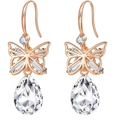 Austrian Crystal Teardrop Butterfly Drop Dangle Earrings For Women 14K Rose Gold Plated Hypoallergenic Jewelry[Z1]