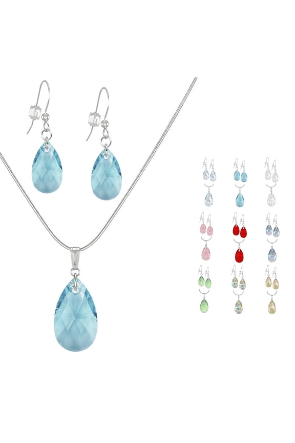 Austrian Crystal Teardrop Sterling Silver Necklace and Earring Set - Aquamarine