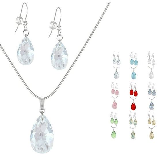 Austrian Crystal Teardrop Sterling Silver Necklace and Earring Set - Faintest Pale Blue AB