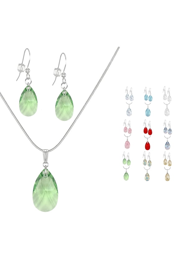 Austrian Crystal Teardrop Sterling Silver Necklace and Earring Set - Peridot Green
