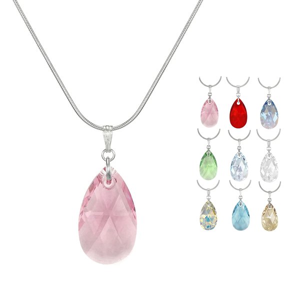 Austrian Crystal Teardrop Sterling Silver Snake Chain Necklace - Pink