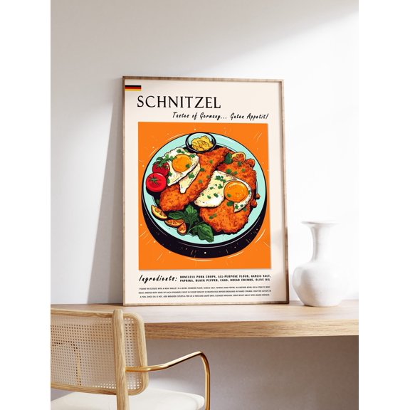 Austrian Schnitzel European Kitchen Food Art Retro Cuisine Wall Decor, Unframed Paper Poster 8x10in