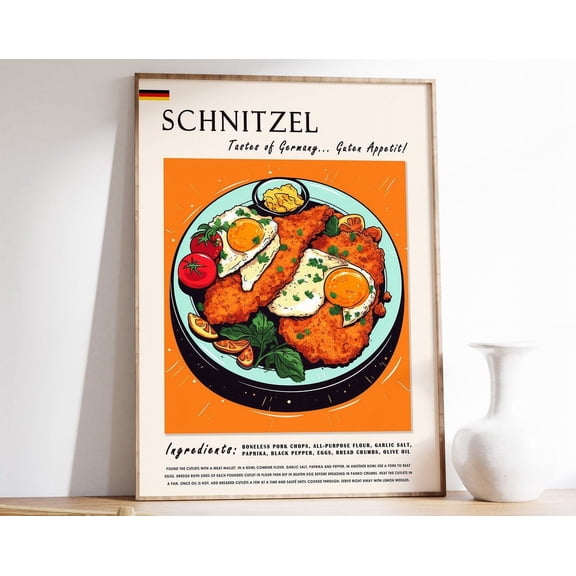 Austrian Schnitzel Food Poster, Austrian Food Print, European Food Poster, Kitchen Decor, Food Art, Retro Print, Food Gift, Austrian Gift Wall Art, Modern Wall Decor, 12x18 UNFRAMED