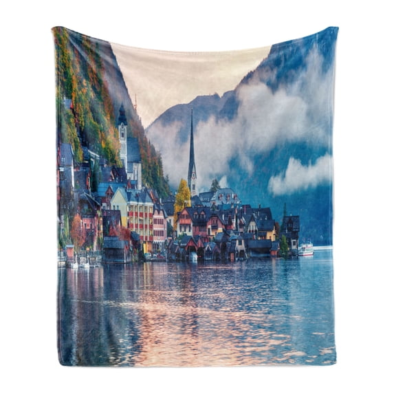 Austrian Soft Flannel Fleece Throw Blanket, Foggy Autumn Sunrise in Hallstatt Lake by Mountains Idyllic Village Destination, Cozy Plush for Indoor and Outdoor Use, 50" x 70", Multicolor, by Ambesonne