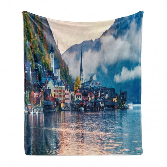 Austrian Soft Flannel Fleece Throw Blanket, Foggy Autumn Sunrise in Hallstatt Lake by Mountains Idyllic Village Destination, Cozy Plush for Indoor and Outdoor Use, 70" x 90", Multicolor, by Ambesonne