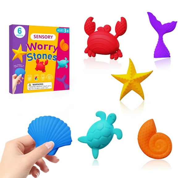 Ausuagr Fidget Toys Sensory Stone with Marine Animal Stocking Stuffers for Kids, 6 Pack Worry Stone for Autism ADHD Teens Anxiety Relief, Quiet Fidgets Stress Toys for Classroom Gift