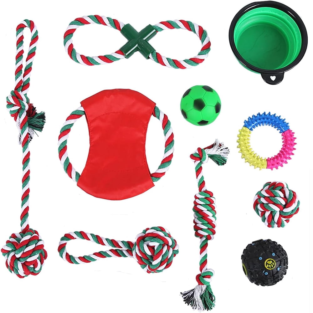 Ausugar Christmas Dog Toy 10PCS Indestructible Dog Rope Chew Toy Set for Dogs Training Playing Teething