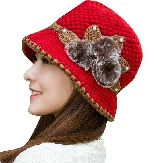 Ausyst Hats Clearance! Fashion Women Lady Winter Warm Crochet Knitted Flowers Decorated Ears Hat RD