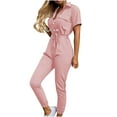 thumbnail image 1 of Ausyst Jumpsuits for Women Fashion Solid Color Casual Lapel Belt Short Sleeve Overalls Summer Baggy Rompers Clearance, 1 of 3