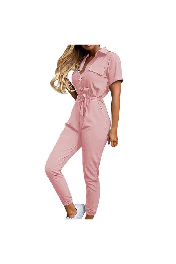 Jumpsuits for Women Fashion Solid Color Casual Lapel Belt Short Sleeve Overalls Summer Baggy Rompers Clearance