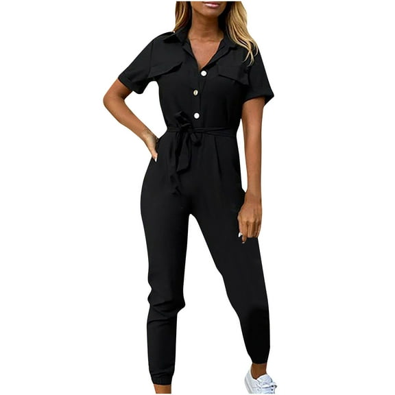 Ausyst Jumpsuits for Women Fashion Solid Color Casual Lapel Belt Short Sleeve Overalls Summer Baggy Rompers Clearance